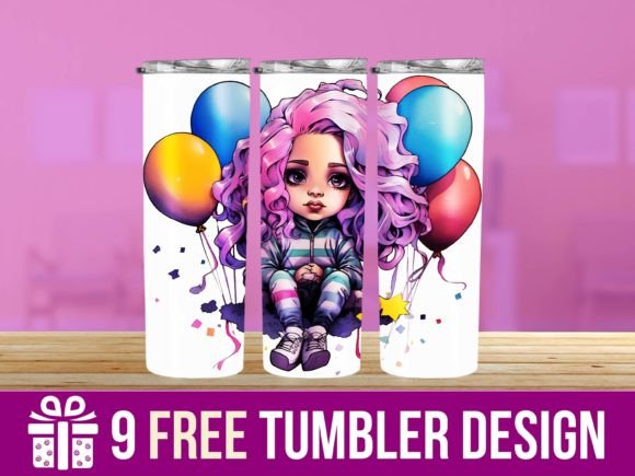 Download 3D Cute Girl with Balloons Tumbler Wraps - Girl with balloons Collection